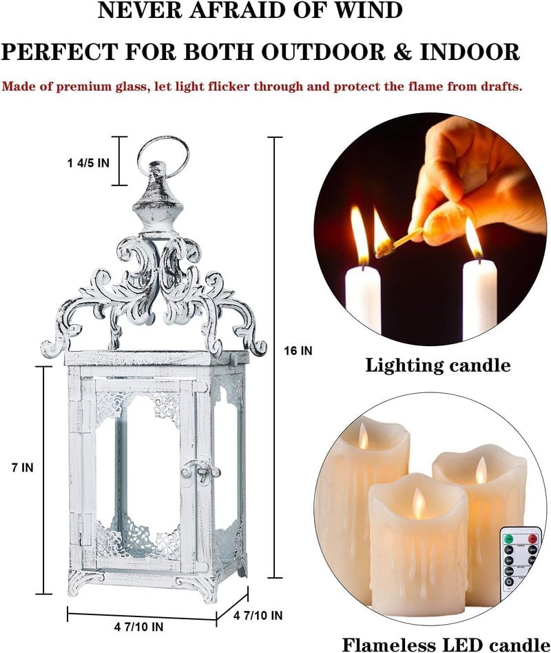 DECORKEY Large Candle Lantern  Decorative Hanging Lantern  Vintage Metal Tabletop Lantern for Outdoor Patio Rustic Home Decor  Candle Holders with Clear Glass (White) - Image 5